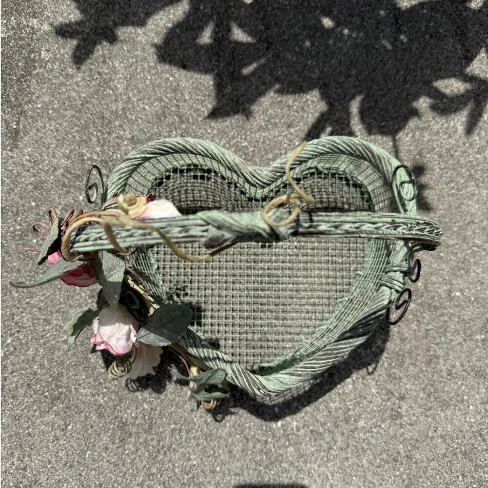 Vintage Heart Shaped Metal Wire Basket with Roses